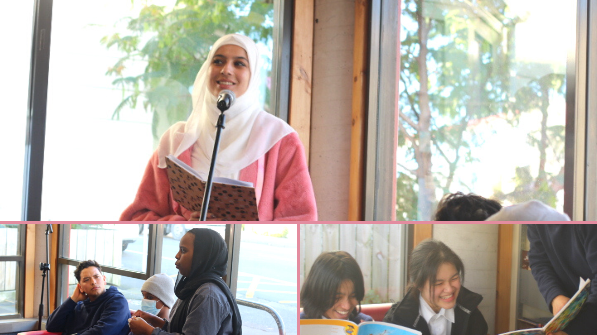 A photo collage of young people participating in a poetry workshop.