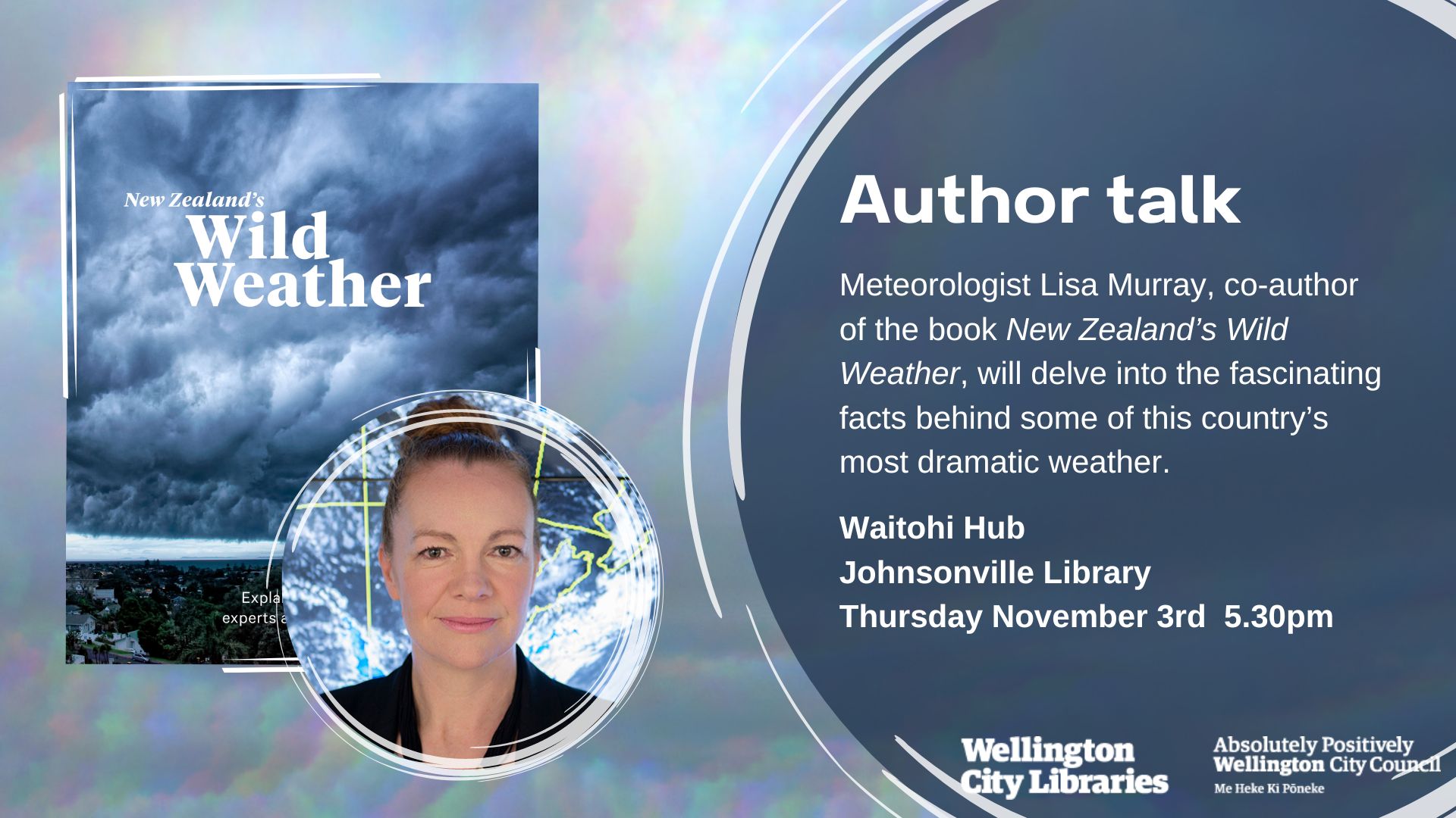 The headshot of the Wild Weather book - which shows a stormy sky with the author headshot.